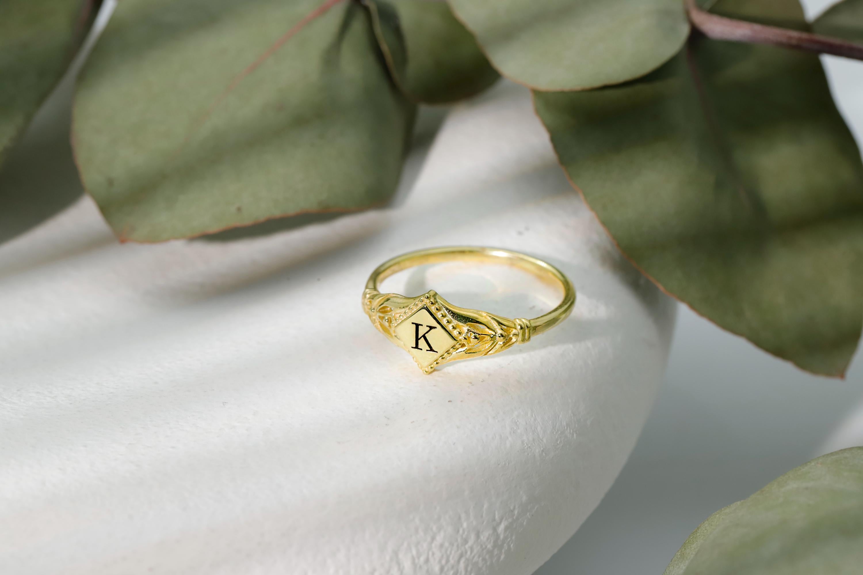 Bloom & Blossom Birth Month Flower Signet Ring - Custom Initial Pinky Ring - Dainty Goth Jewelry Gift