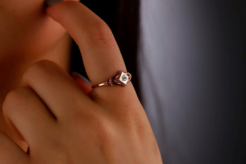 Bloom & Blossom Birth Month Flower Signet Ring - Custom Initial Pinky Ring - Dainty Goth Jewelry Gift